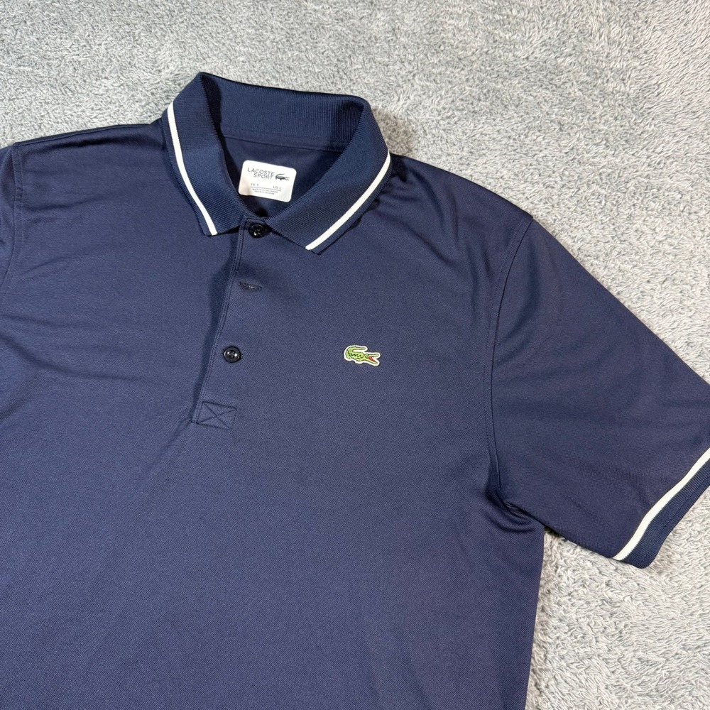 Lacoste Sport Polo Shirt Mens Large Navy Blue Ultra Dry Striped Collar Performan